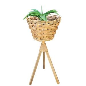 VTG Planter Plant Stand MCM Wicker Woven Basket Wood Tripod Legs Cottage Boho